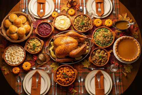 Table covered with thanksgiving dishes